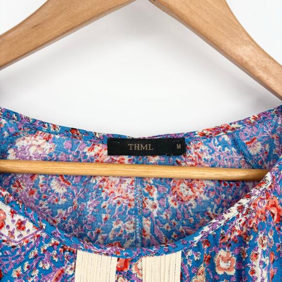 THML Blue Red Pink Floral Paisley Print Oversized Embellished Top Size M - Picture 5 of 6